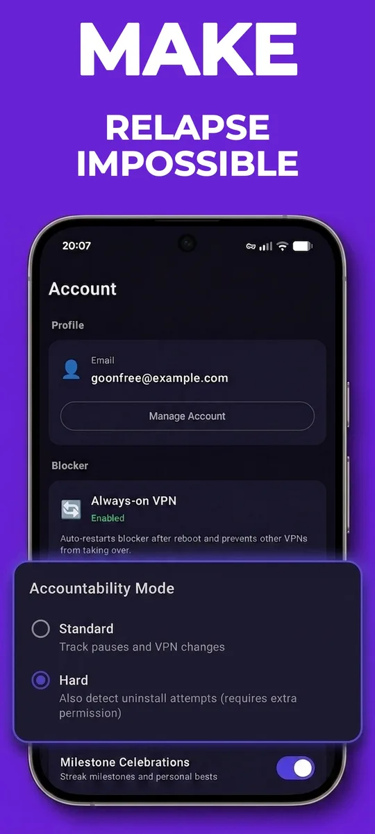 Hard Mode screen with uninstall protection making relapse cost your pledge
